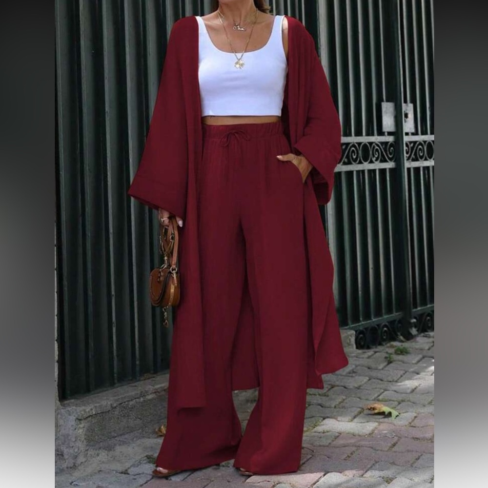 Elegant Burgundy Women's Pants & Kimono Set